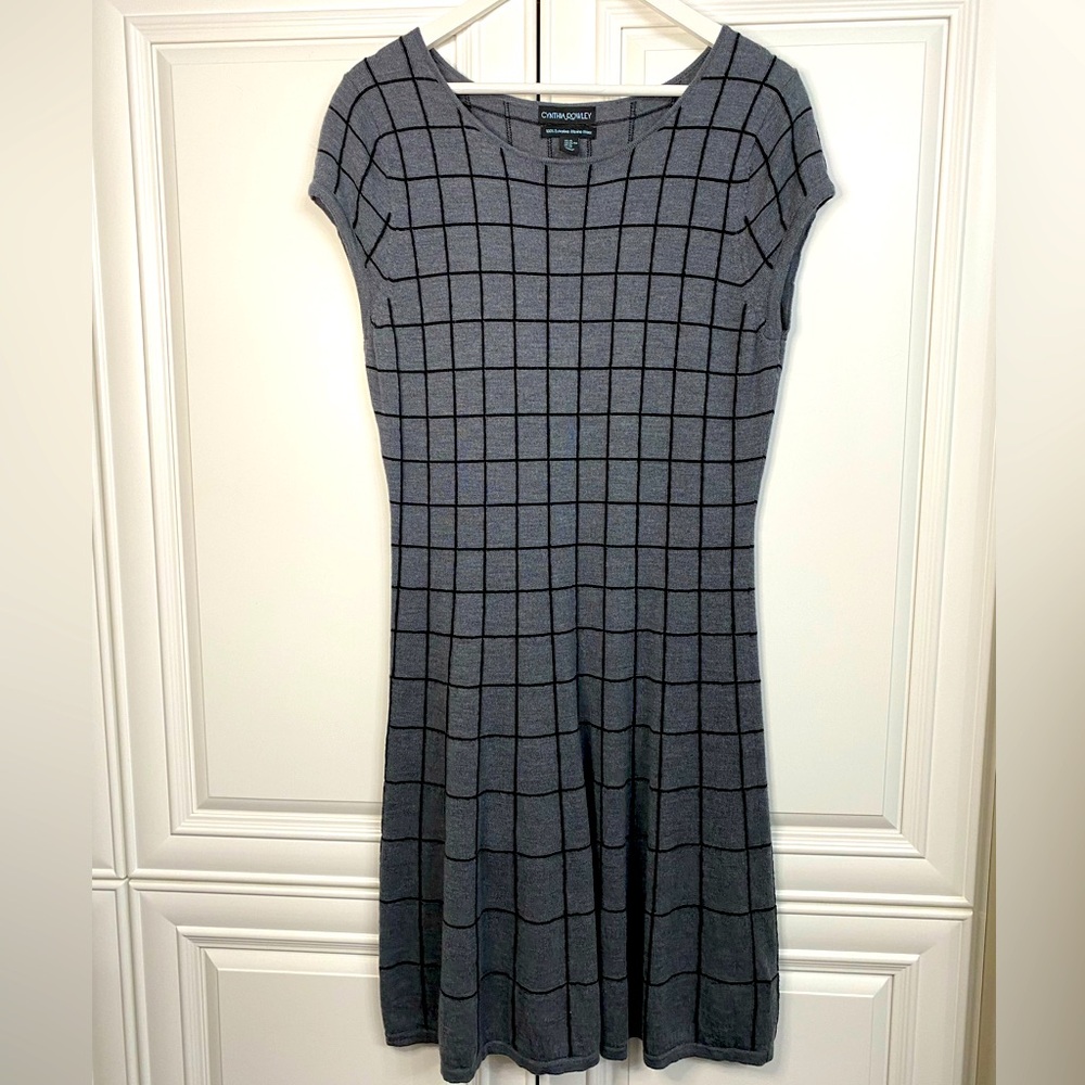 EUC Cynthia Rowley XL Short Sleeve Black Grey Check Merino Wool Midi Dress Work